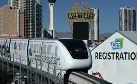 LAS VEGAS, NV - JANUARY 07: A Las Vegas Monorail car with a Google ad passes in front of the the Las Vegas Convention Center prior to the CES 2018 on January 7, 2018 in Las Vegas, Nevada. CES, the world's largest annual consumer technology trade show, runs from January 9-12 and features about 3,900 exhibitors showing off their latest products and services to more than 170,000 attendees. (Photo by Alex Wong/Getty Images)