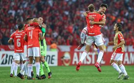 PORTO ALEGRE, BRAZIL - FEBRUARY 26: Bruno Fuchs of Internacional celebrates with teammates after winning the match between Internacional and Tolima as part of Copa CONMEBOL Libertadores 2020 Qualifications on February 26, 2020 in Porto Alegre, Brazil. (Photo by Lucas Uebel/Getty Images)